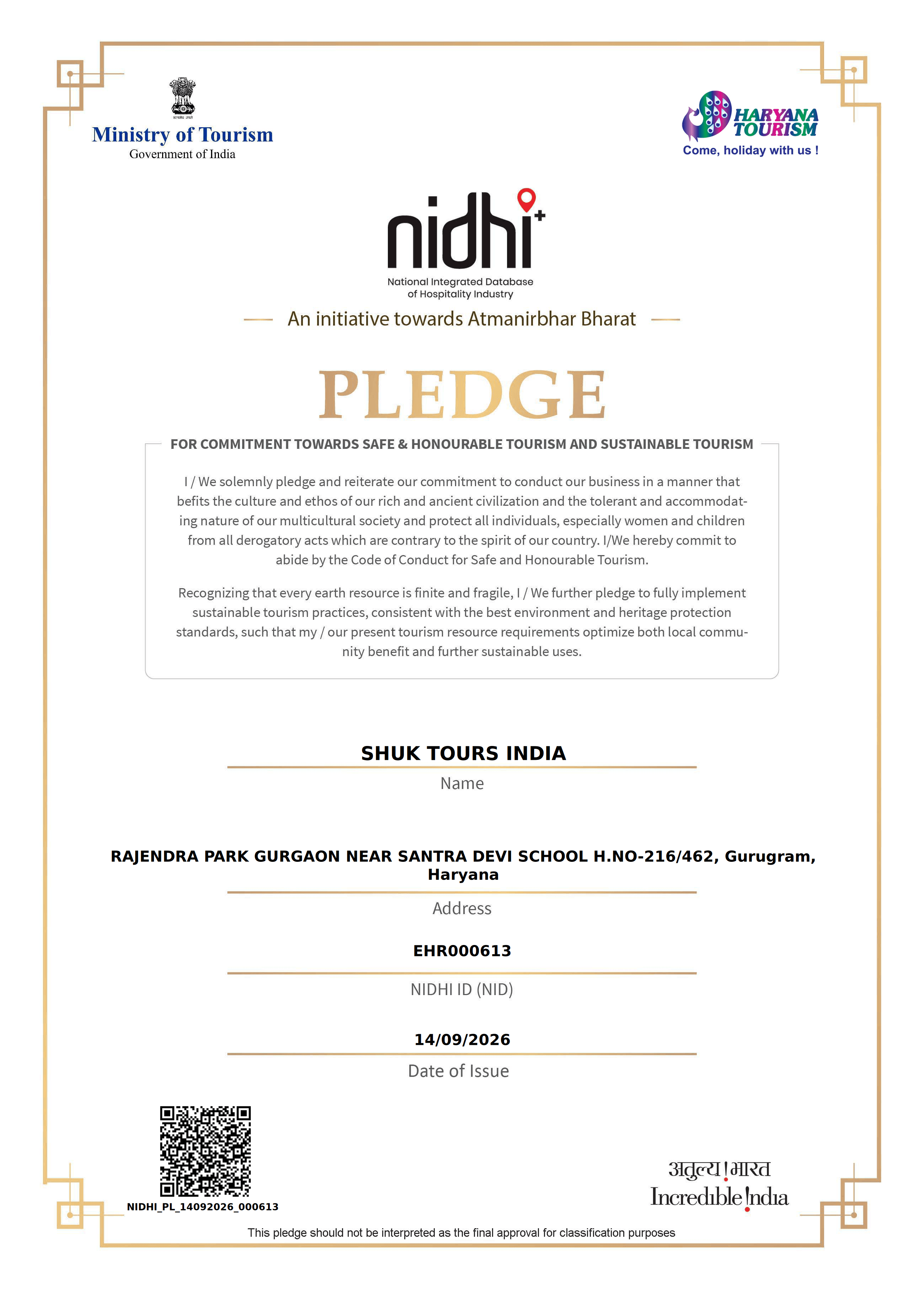 Ministry of Tourism Recognition Certificate - Shuk Tours India
